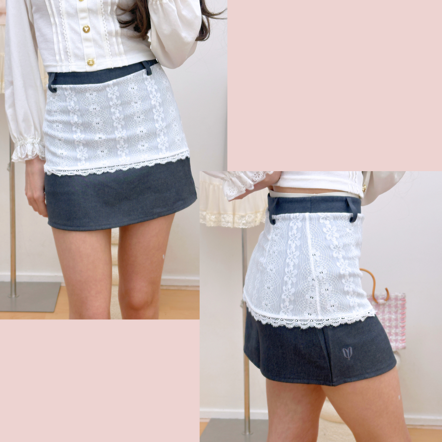 Grey Lace Apron Mini Skirt ♡₊˚