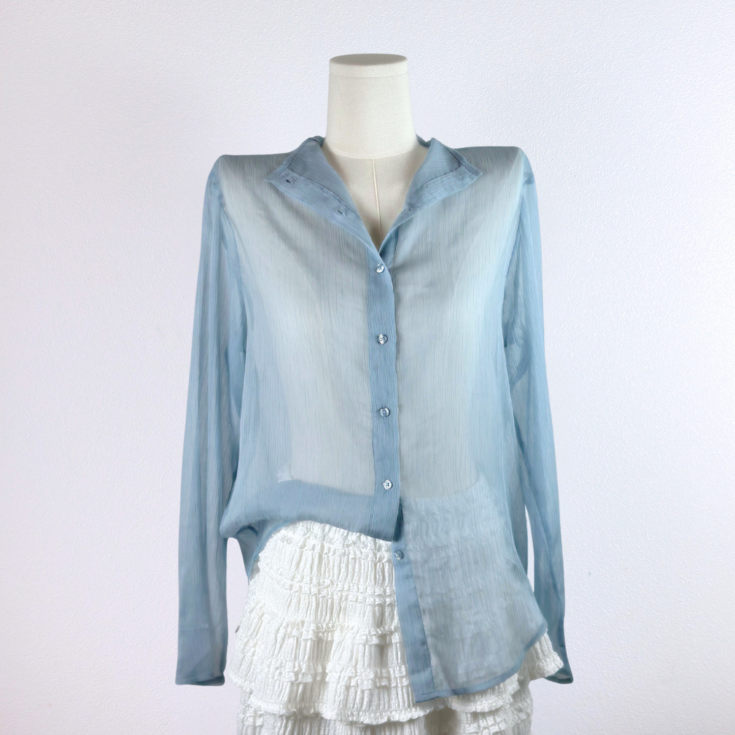 Sheer Ice Blue Button-Up Blouse