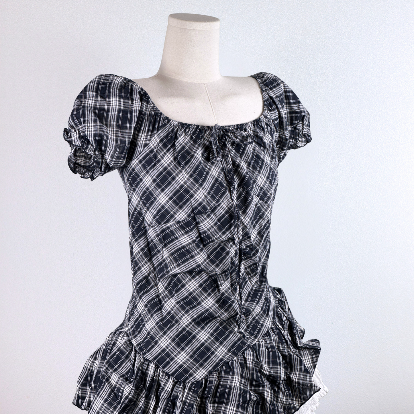 Asymmetrical Plaid Puff Sleeve Top