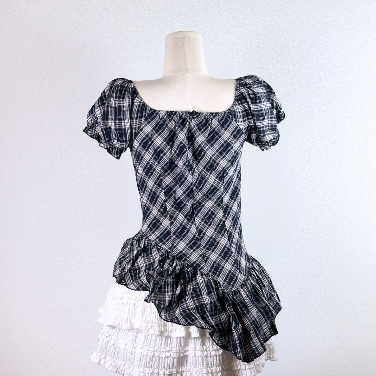 Asymmetrical Plaid Puff Sleeve Top