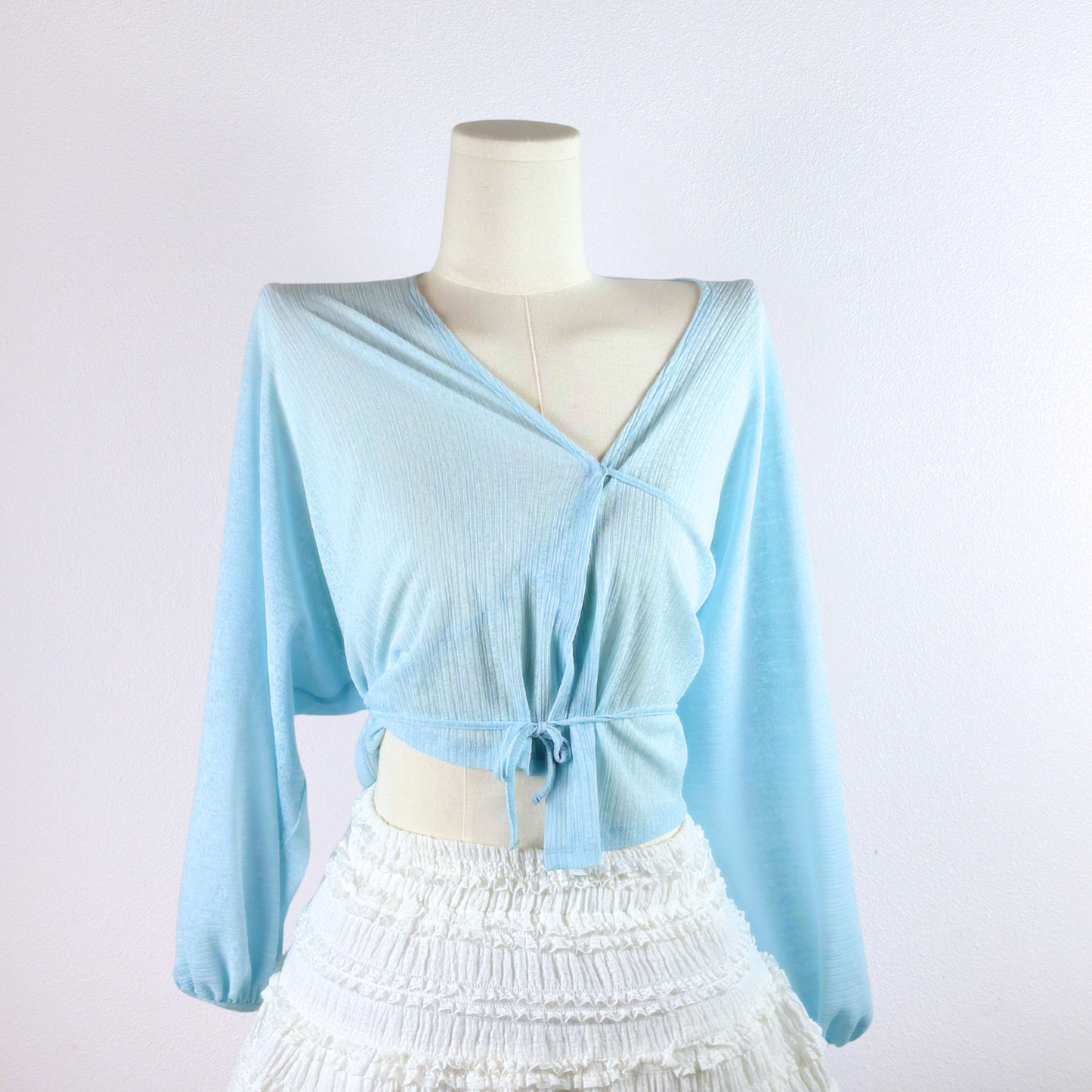 Sky Blue Wrap-Front Knit Blouse