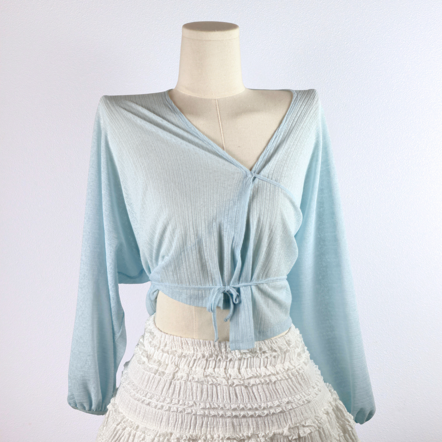 Sky Blue Wrap-Front Knit Blouse