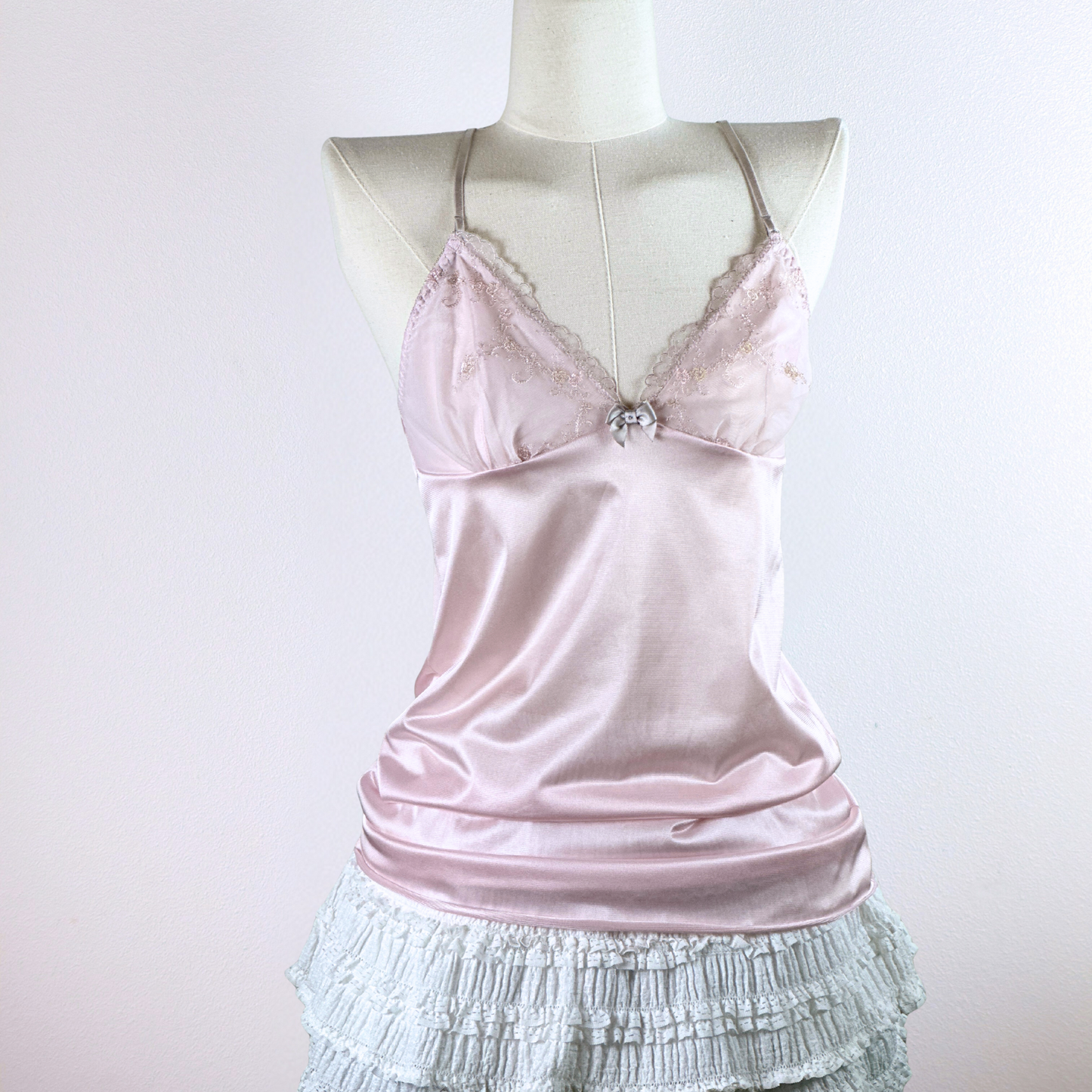 Blush Pink Satin Camisole with Embroidered Lace Cups