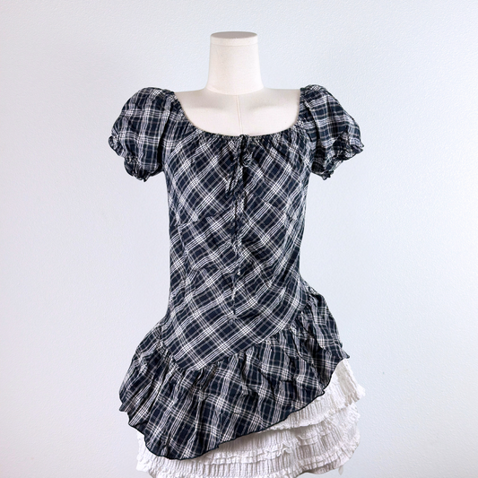 Asymmetrical Plaid Puff Sleeve Top