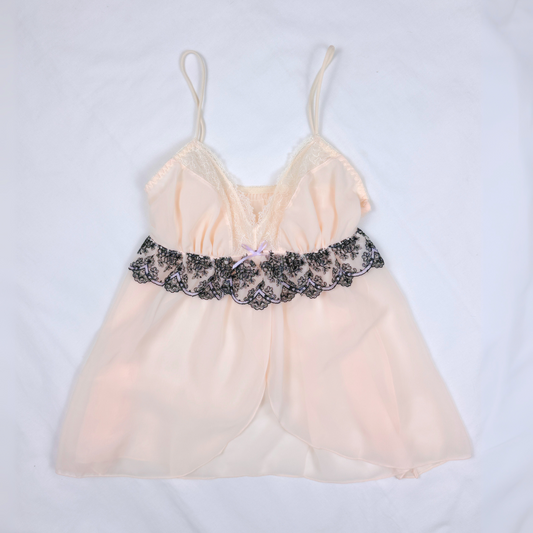 Ivory Chiffon Babydoll Camisole with Black Lace Waist